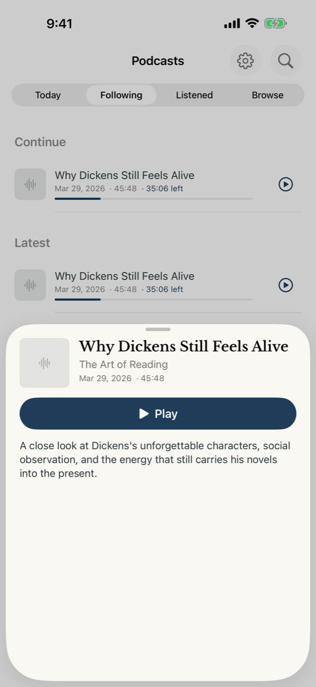 A podcast episode in Landfall with streaming, notes, and Jam controls